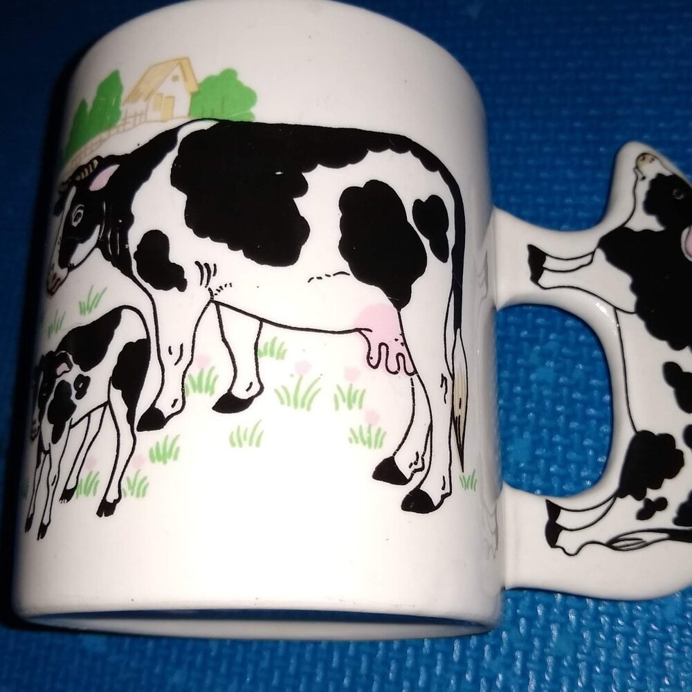 Ceramic Collectible Black & White Holstein Cow Shaped Handle Mug Calf in Pasture